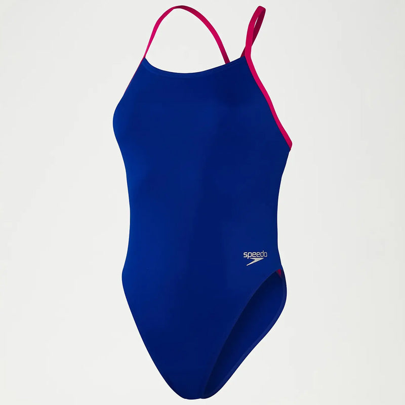 Speedo - Women's Sold Tie Back Swimsuit - Blue/Pink