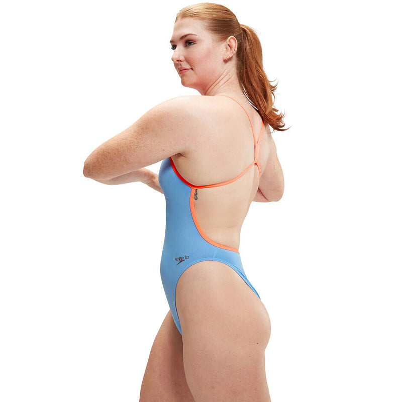 Speedo - Women's Solid VBack Swimsuit - Curious Blue/Disco Peach