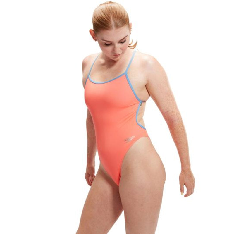 Speedo - Women's Solid VBack Swimsuit - Disco Peach/Curious Blue