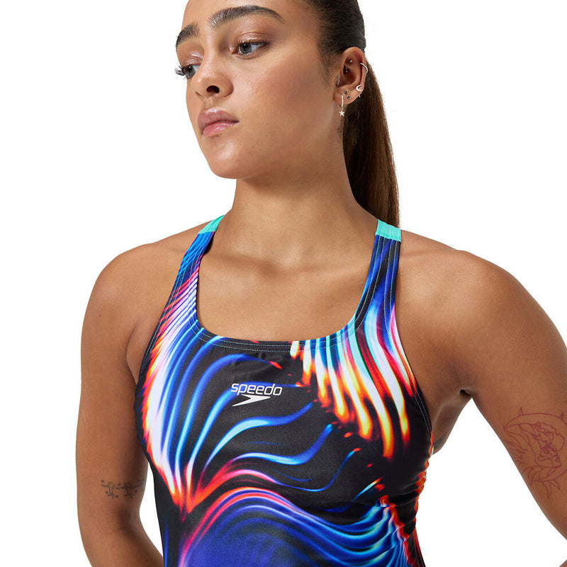 Speedo - Women's Sublimation AllOver Digital Leaderback Swimsuit - Lava Blur/Black