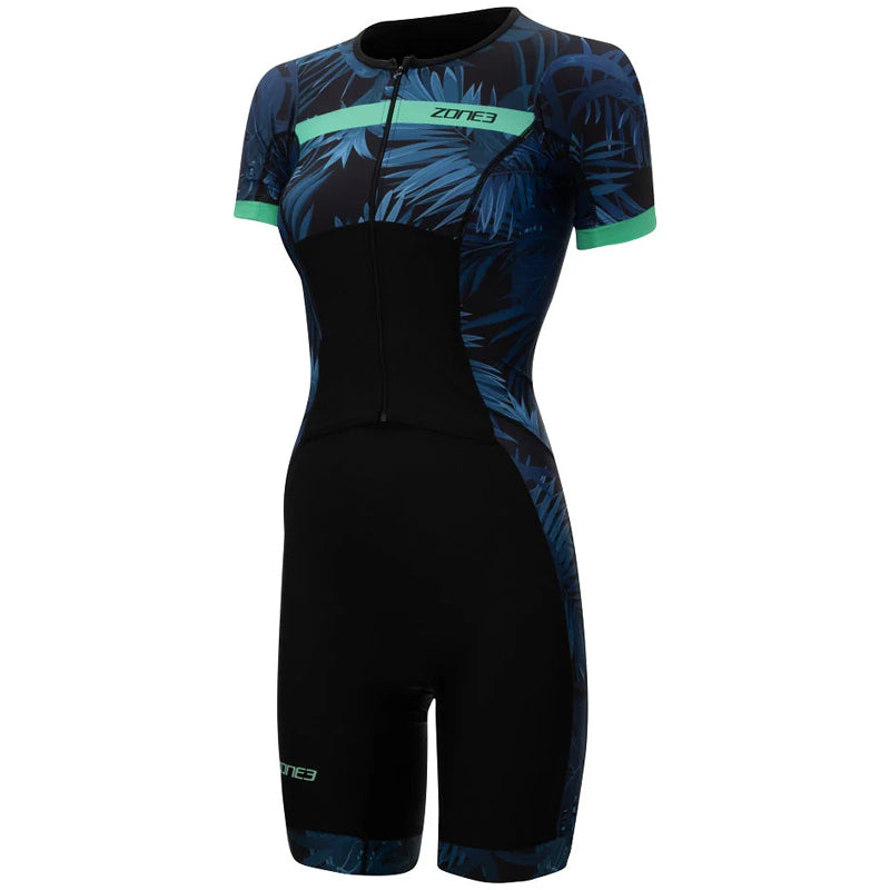 Zone3 - Women's Activate+ Tropical Palm Short Sleeve Full Zip Trisuit - Navy/Mint