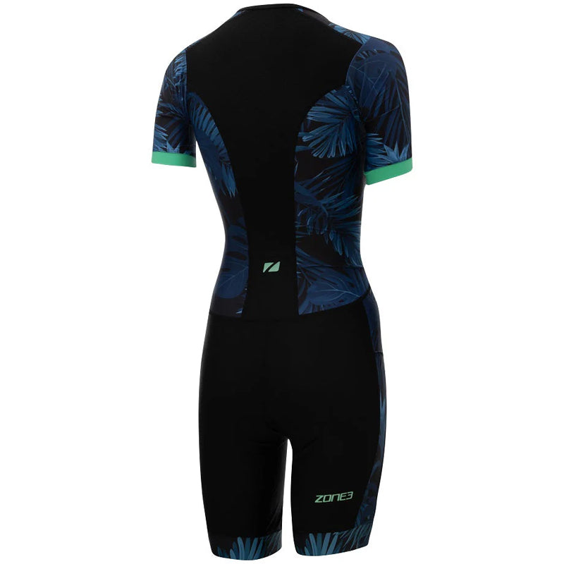 Zone3 - Women's Activate+ Tropical Palm Short Sleeve Full Zip Trisuit - Navy/Mint