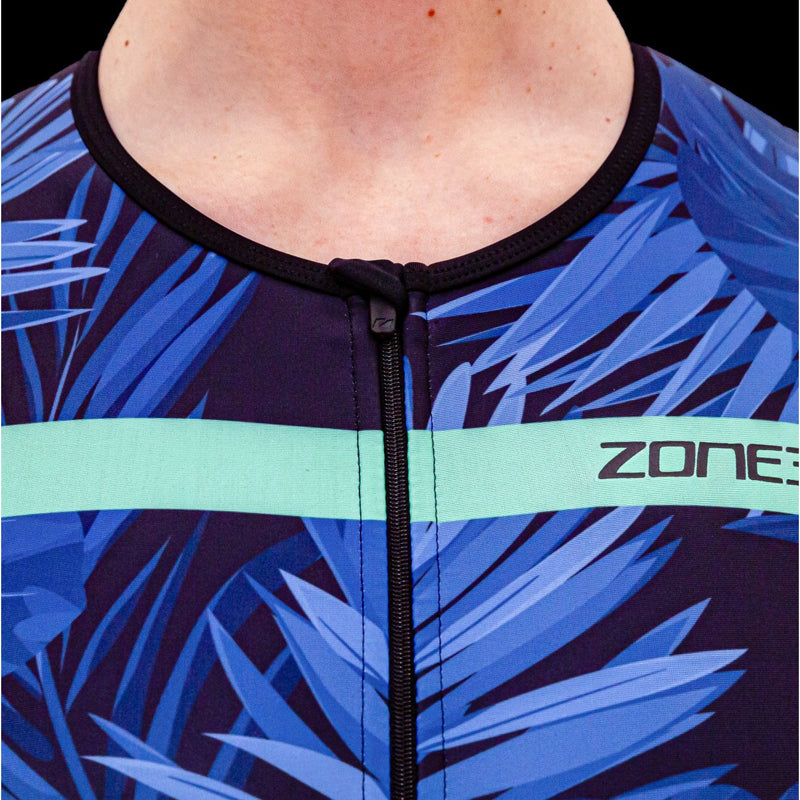 Zone3 - Women's Activate+ Tropical Palm Short Sleeve Full Zip Trisuit - Navy/Mint