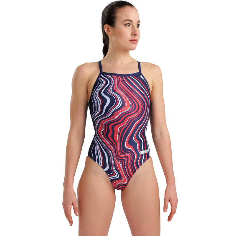 Arena - Marbled Lightdrop Back Ladies Swimsuit - Navy/Red/Multi