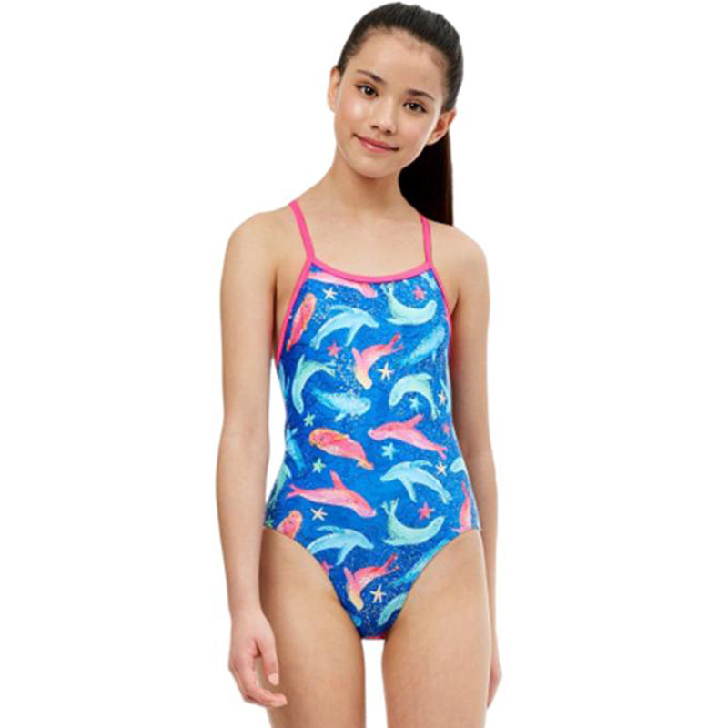 Maru - Sealed with a Kiss Ecotech Sparkle Fly Back Girls Swimsuit - Blue/Multi