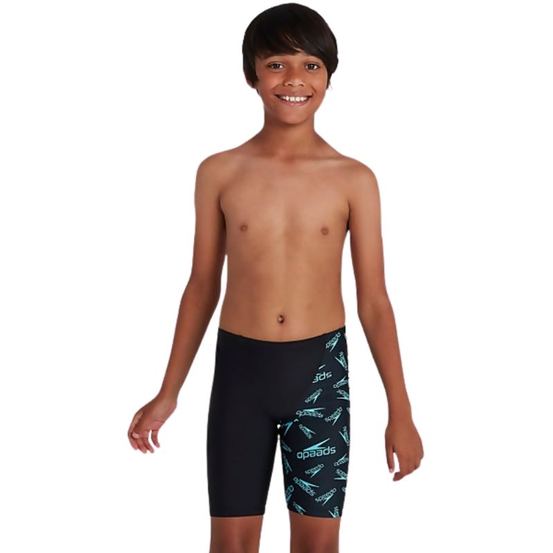 Speedo - Boy's Boom Logo Allover V Cut Jammer - Black/Blue