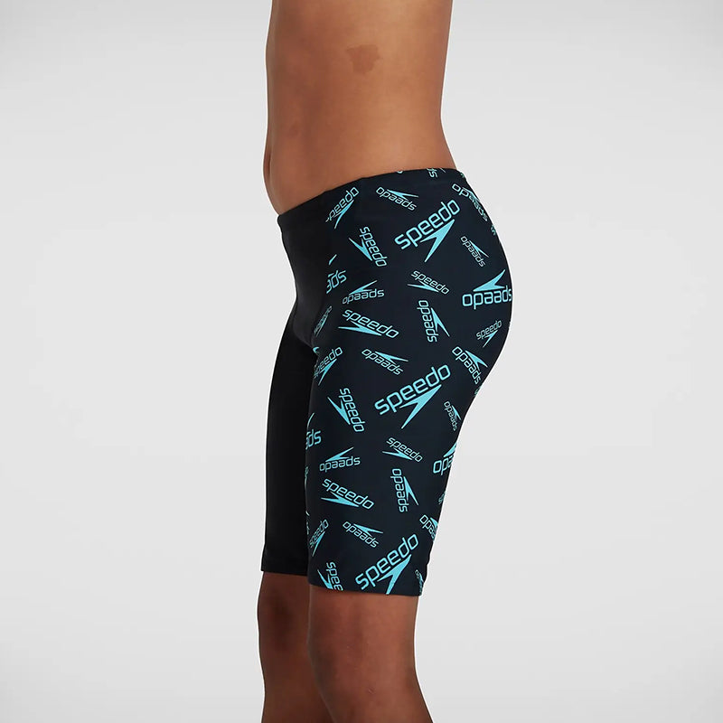 Speedo - Boy's Boom Logo Allover V Cut Jammer - Black/Blue