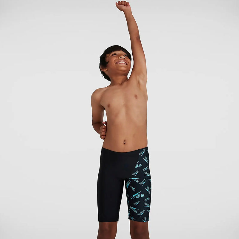 Speedo - Boy's Boom Logo Allover V Cut Jammer - Black/Blue