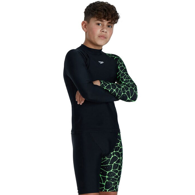 Speedo - Boys Long Sleeve Printed Rash Top - Black/Green