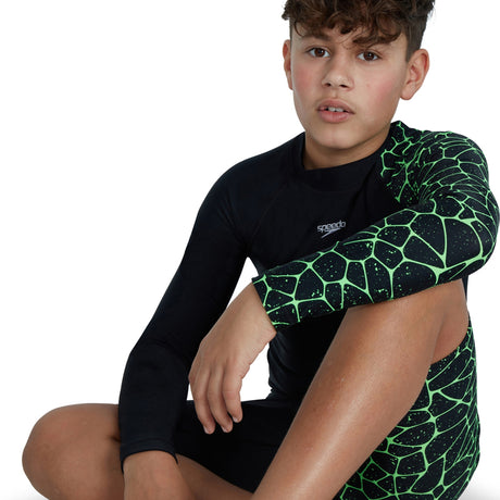 Speedo - Boys Long Sleeve Printed Rash Top - Black/Green