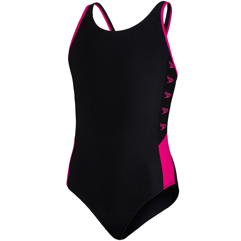 Speedo - Girl's Boom Logo Splice Muscleback Swimsuit - Black/Pink