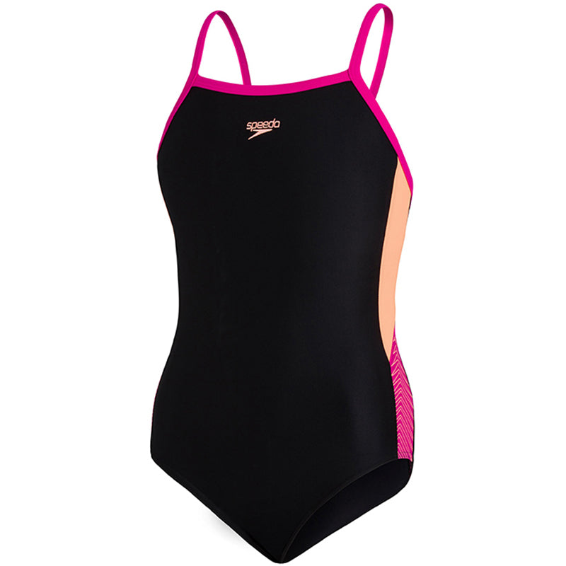 Speedo - Girl's Dive Thinstrap Muscleback Swimsuit - Black/Orange/Pink