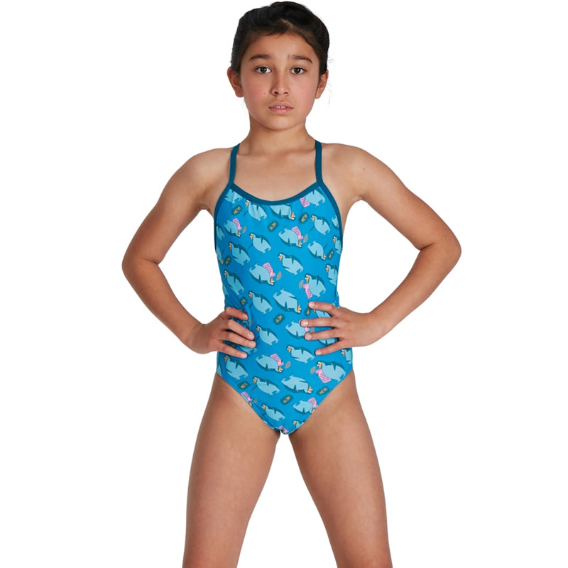 Speedo - Girls Flipper Phone Allover VBack Swimsuit - Blue/Blue