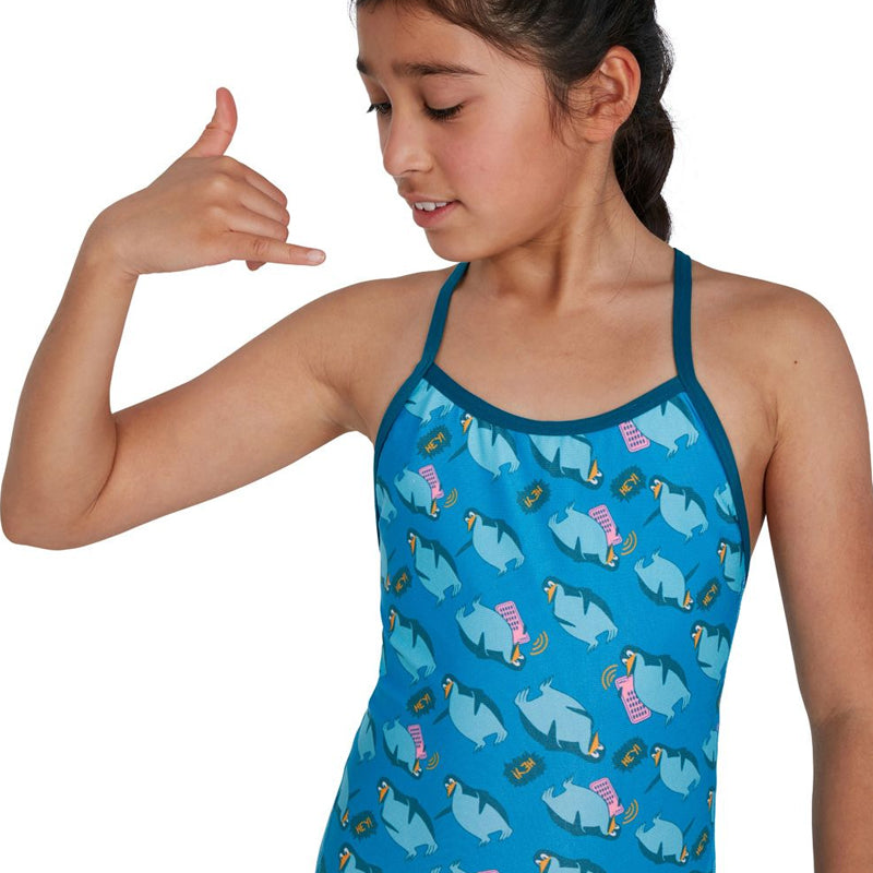 Speedo - Girls Flipper Phone Allover VBack Swimsuit - Blue/Blue