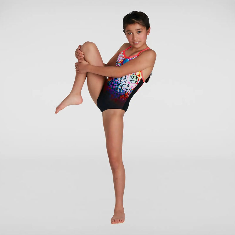 Speedo - Girls Polka Melt Placement VBack Swimsuit - Black/Red
