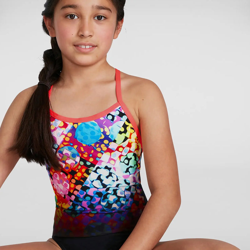 Speedo - Girls Polka Melt Placement VBack Swimsuit - Black/Red