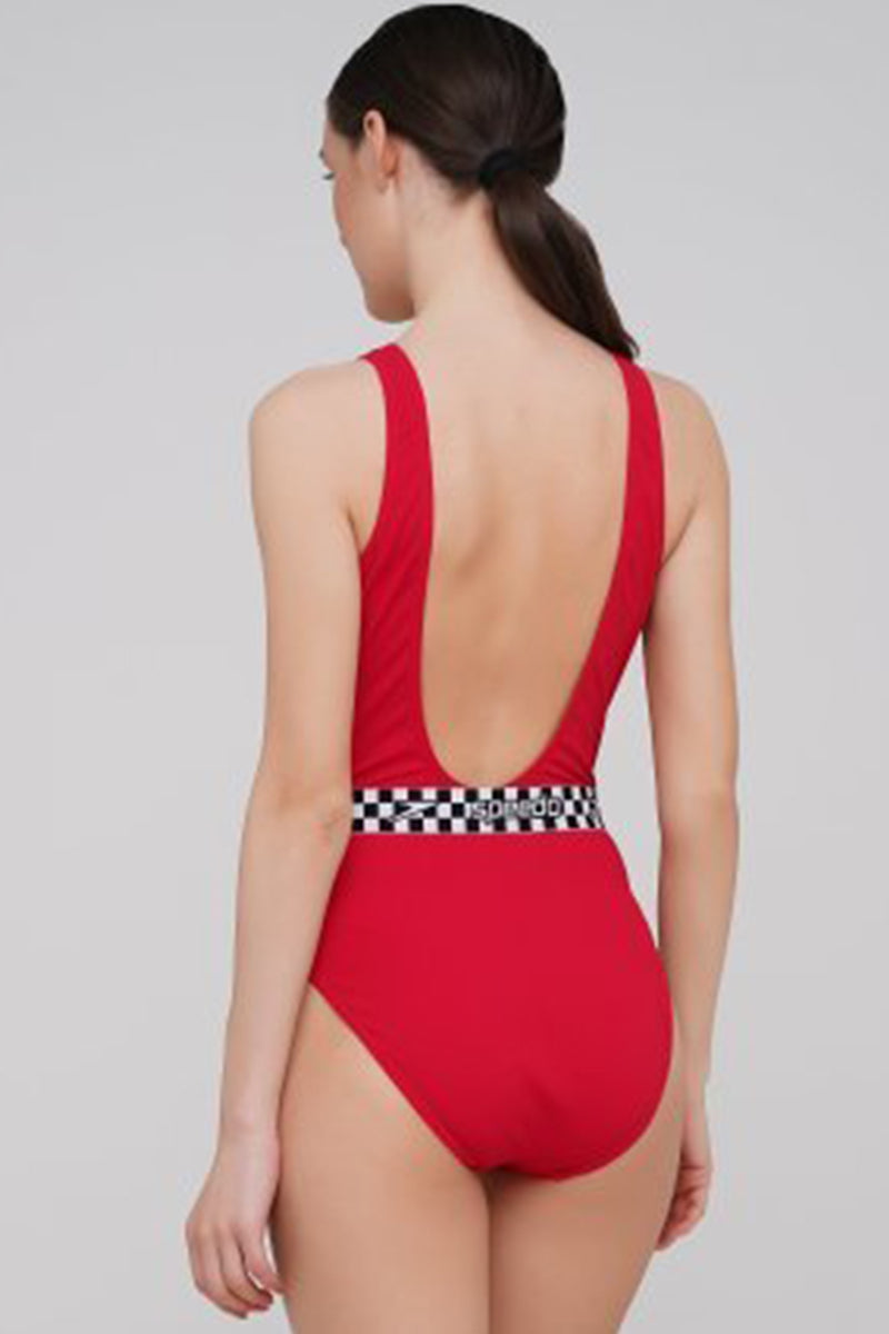 Speedo - Womens Belted Deep U-Back Swimsuit - Red