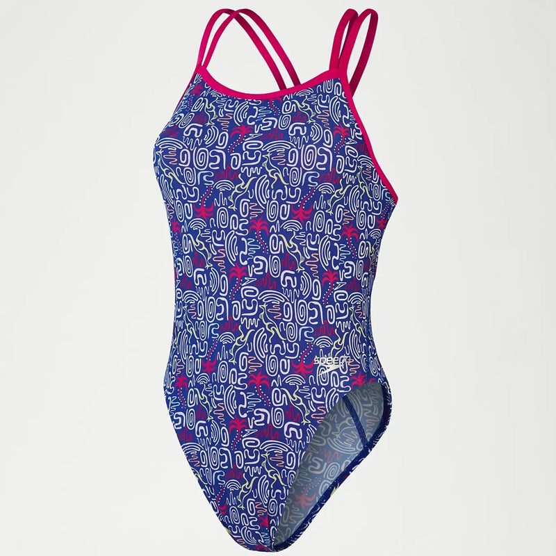Speedo - Womens Jump Around Allover Digital Starback Swimsuit - Blue/Pink