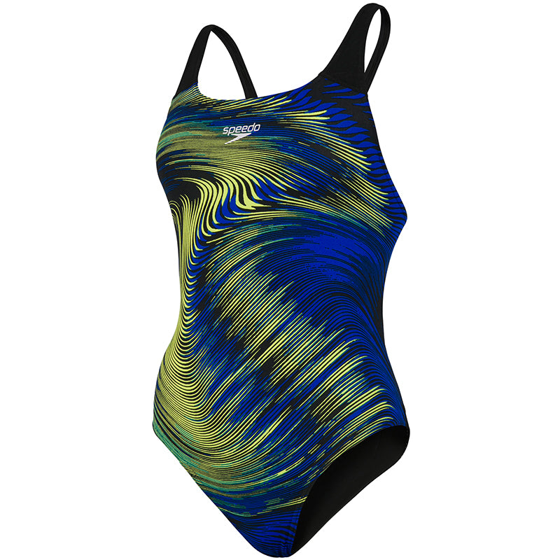 Speedo - Womens Placement Powerback Swimsuit - Black/Blue/Green