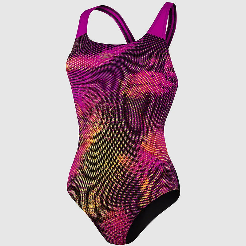 Speedo - Womens Placement Powerback Swimsuit - Black/Purple/Mango