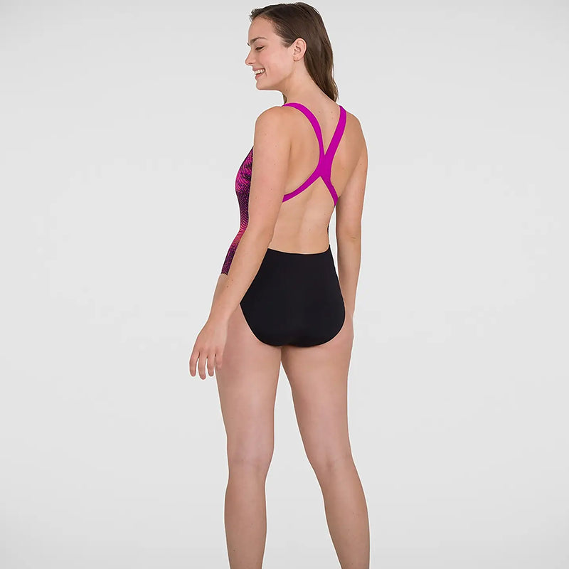 Speedo - Womens Placement Powerback Swimsuit - Black/Purple/Mango