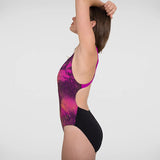 Speedo - Womens Placement Powerback Swimsuit - Black/Purple/Mango