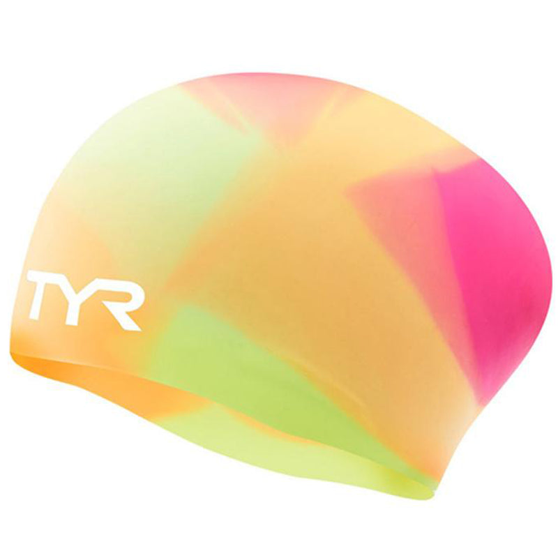 TYR - Junior Tie Dye Long Hair Silicone Swim Cap - Pink/Yellow/Orange