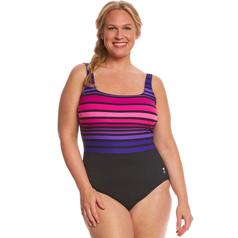 TYR - Ombre Stripe Aqua Control Fit Durafast One Swimsuit - Navy/Pink